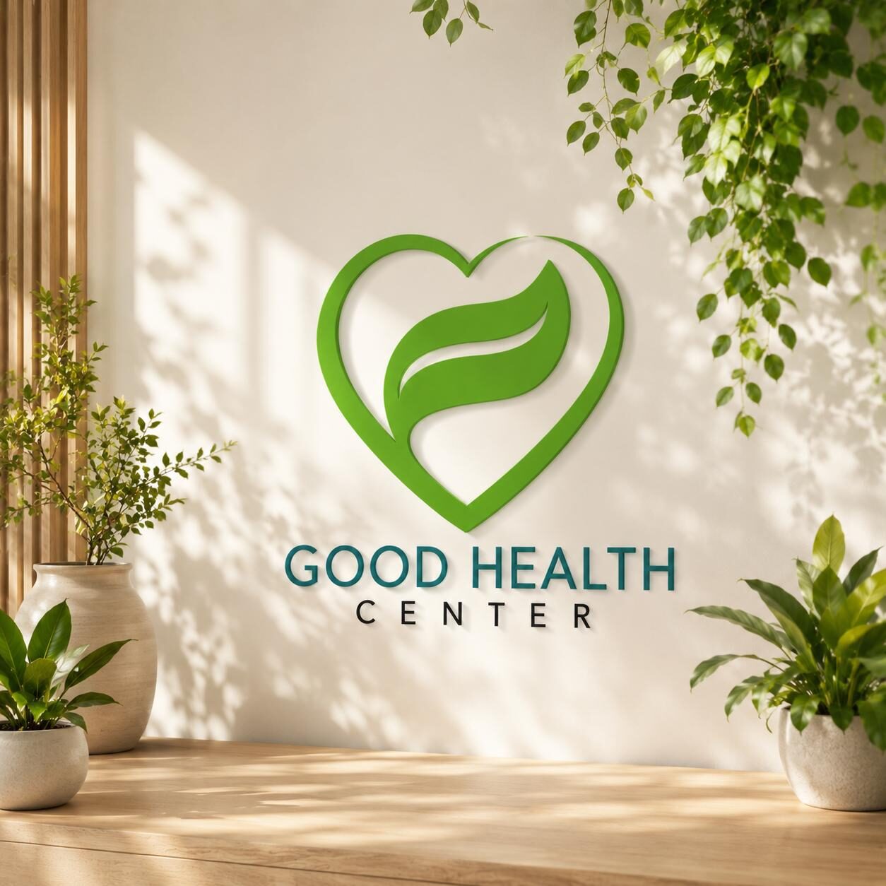 El logo de Good Health Center en la pared de la clínica, entre plantas