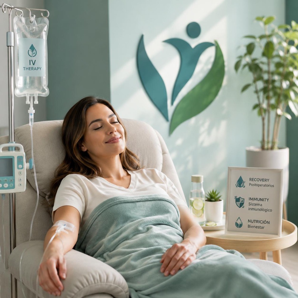 Mujer recibiendo terapia intravenosa, relajada en un sillón de Good Health Center