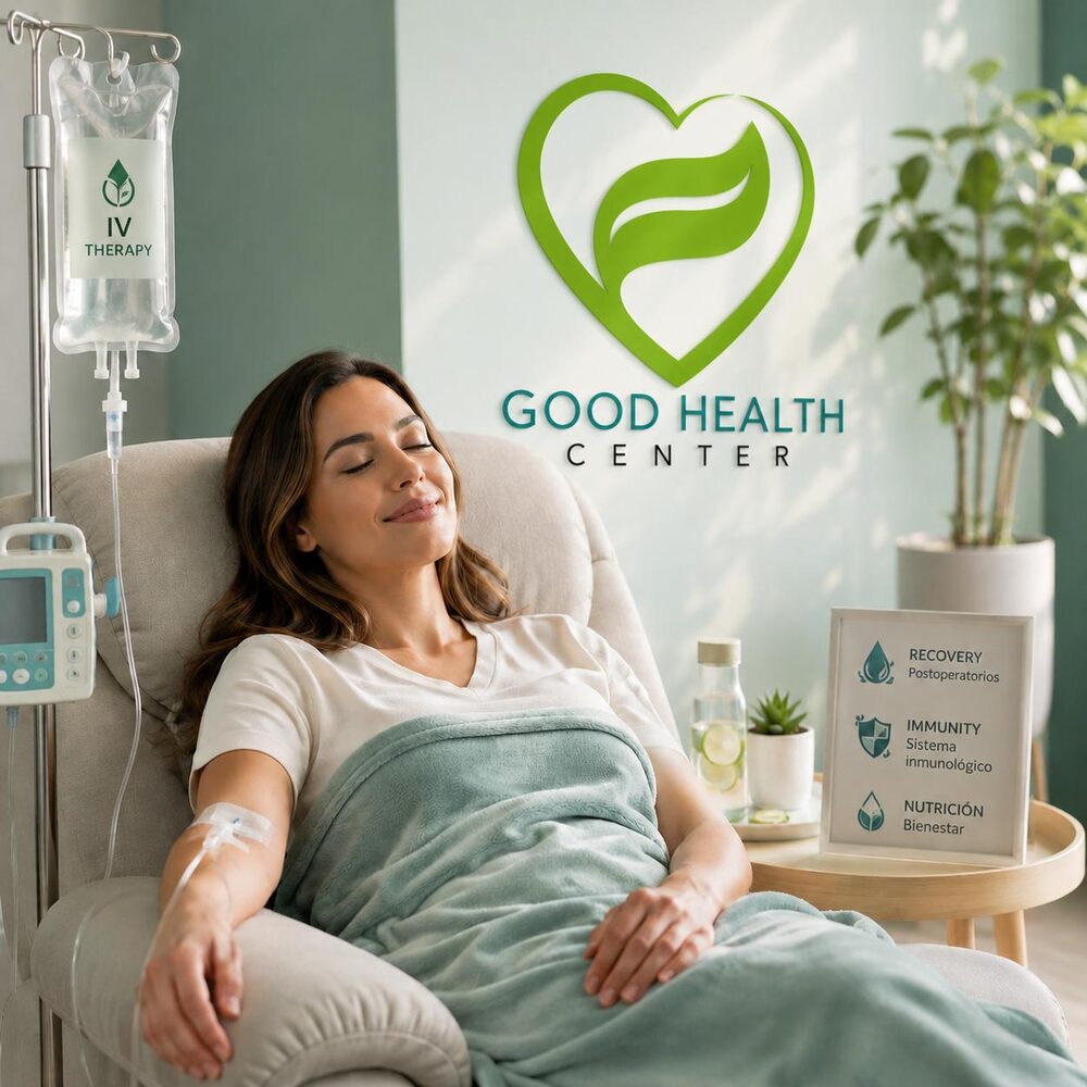 Mujer recibiendo terapia intravenosa, relajada en un sillón de Good Health Center