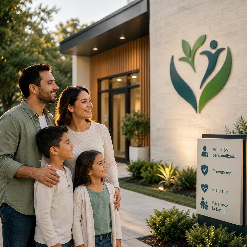 Familia frente a la entrada de la clínica Good Health Center