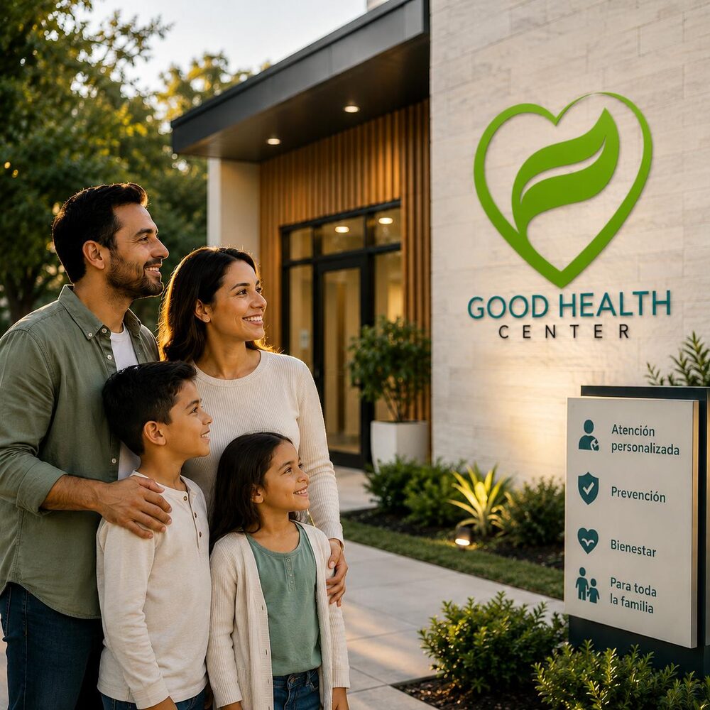 Familia frente a la entrada de la clínica Good Health Center
